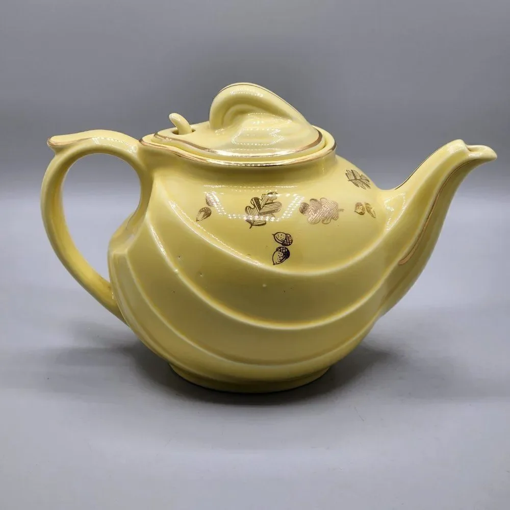 Vtg HALL Teapot Yellow 6 Cup 0799 Made in USA Art Deco Gold Trim Autumn Leaves